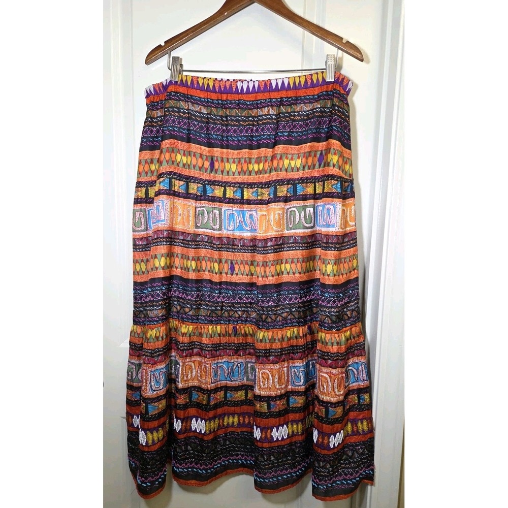 Chicos 100% Silk Maxi Skirt Patchwork Boho Peasant Festival Hippie Gypsy Size‎ 1